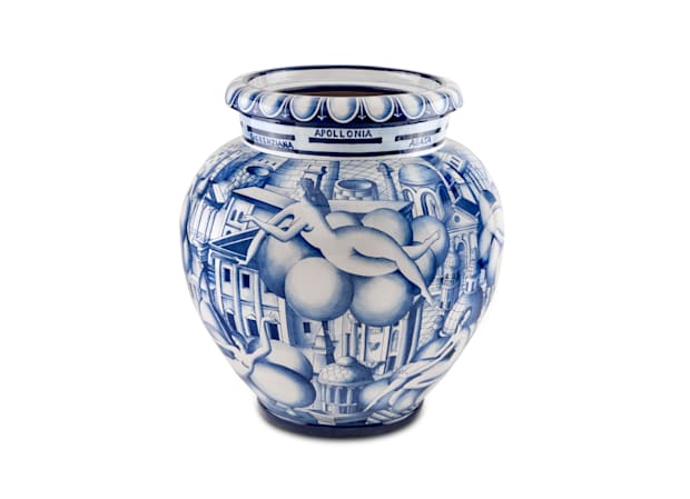 ORCIO VASE DONNE E ARCHITETTURA BLU E BIANCOArte di Gio Ponti-3