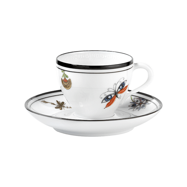 Set of TWO White Espresso Cups With Handle and Saucers, 2 Ceramic