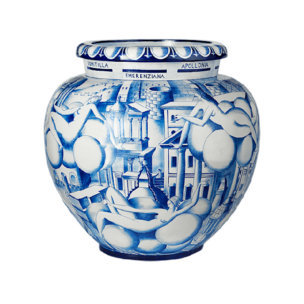 LARGE ORCIO VASE DONNE E ARCHITETTURA BLU E BIANCOArte di Gio Ponti-1