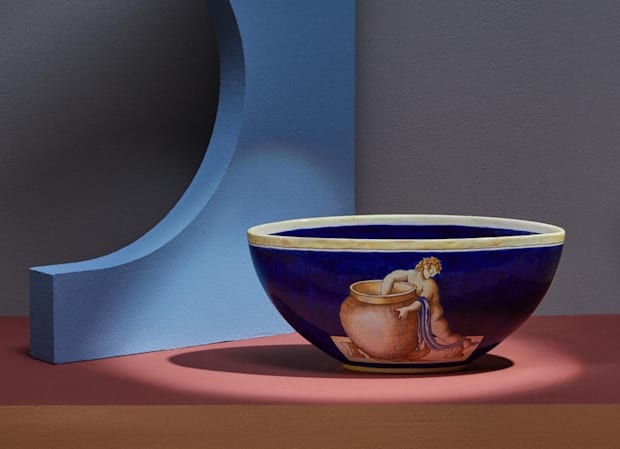 Putto con cane, majolica oval bowl h cm 16 in 6 1/4 | GINORI 1735