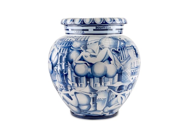 ORCIO VASE DONNE E ARCHITETTURA BLU E BIANCOArte di Gio Ponti-1