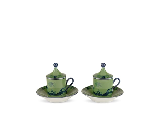 Malachite-green porcelain coffee set for two | GINORI 1735